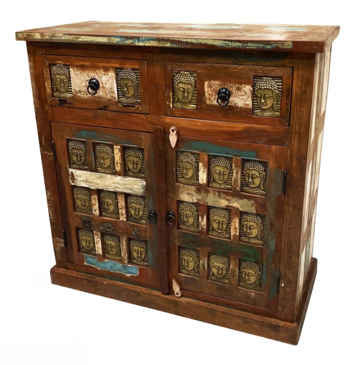 Rustic Buddha Accent Cabinet Solid Wood Storage Cabinet Distressed Bohemian Sideboard for Living Room Bedroom Entryway