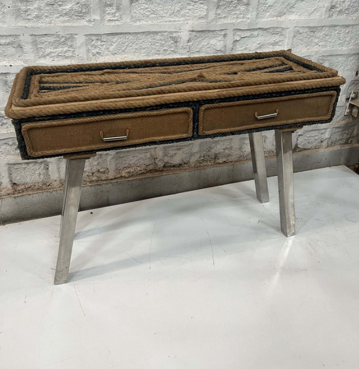 Rustic Rope Wrapped Console Table with Drawers – Coastal Farmhouse Accent Table for Entryway, Living Room & Hallway – Handcrafted Nautical Sofa Table with Metal Legs