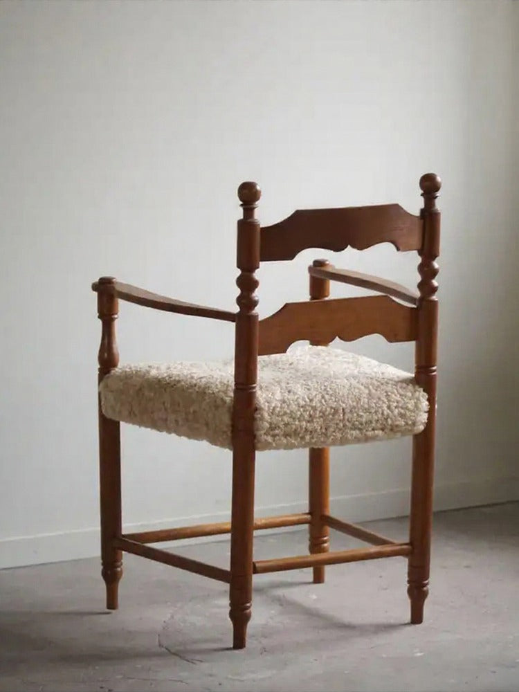 Vintage Solid Elm Wood Dining Armchair, Sherpa Upholstered Accent Chair with Carved Backrest, Rustic French Country Wooden Arm Chair for Dining Room, Living Room, Bedroom, Study, and Reception