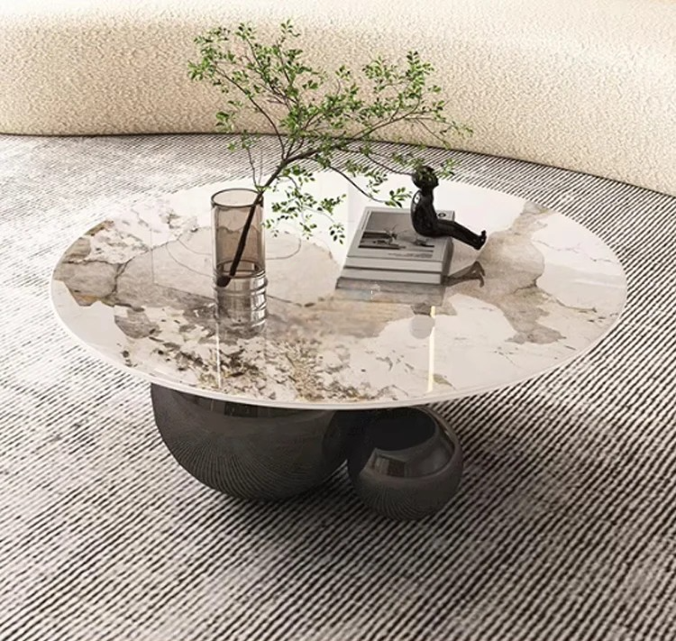 Light Luxury Sintered Stone Round Coffee Table, Creative Designer Orb Stainless Steel Base Center Table