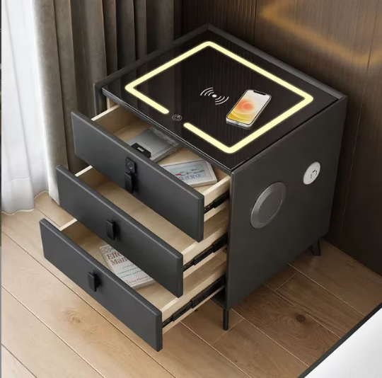Smart nightstand with wireless charger, Usb charger dock, Bluetooth speaker, biometric lock, luxury home decor, bedroom decor, bedside nightstand, on sale