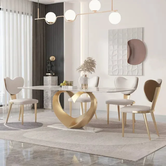 Marble Table Top Dining set Home Furniture Dining Room Table Gold Stainless Steel Dining Table Dining Heart Metal Base with 6 chairs