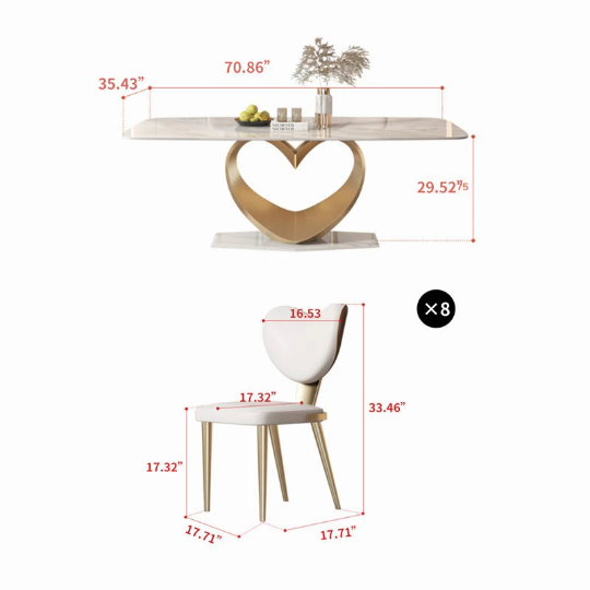Marble Table Top Dining set Home Furniture Dining Room Table Gold Stainless Steel Dining Table Dining Heart Metal Base with 6 chairs