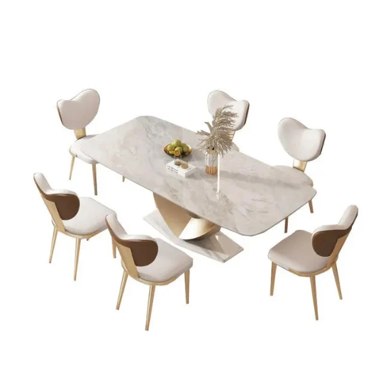 Marble Table Top Dining set Home Furniture Dining Room Table Gold Stainless Steel Dining Table Dining Heart Metal Base with 6 chairs
