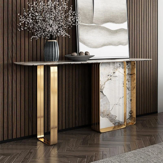 luxury console table living room furniture champagne Modern Console table Entrance Table with stainless steal and sintered stone