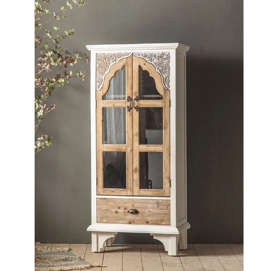 Wooden Rustic Storage Cabinet (3 piece set) With Drawer Antique Retro Furniture Collect Engraved Glass Door For Kitchen,Living Room,Bedroom