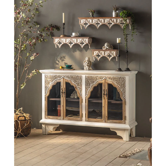 Wooden Rustic Storage Cabinet (3 piece set) With Drawer Antique Retro Furniture Collect Engraved Glass Door For Kitchen,Living Room,Bedroom