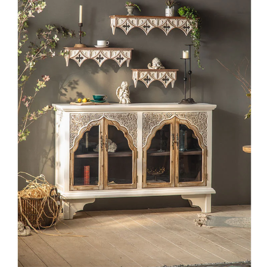 Wooden Rustic Storage Cabinet (3 piece set) With Drawer Antique Retro Furniture Collect Engraved Glass Door For Kitchen,Living Room,Bedroom