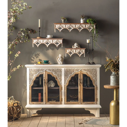 Wooden Rustic Storage Cabinet (3 piece set) With Drawer Antique Retro Furniture Collect Engraved Glass Door For Kitchen,Living Room,Bedroom