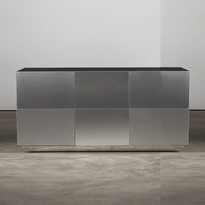 Modern White Oak Sideboard Cabinet with Brushed Metal Doors, Minimalist Storage Credenza Buffet Cabinet for Dining Room, Living Room, Entryway, TV Stand, Silver and Black