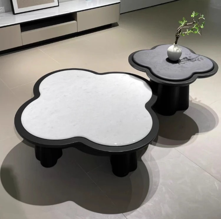 Cloud Shape Marble Coffee Table Set, Creative Irregular End Table Retro Living Room Combination