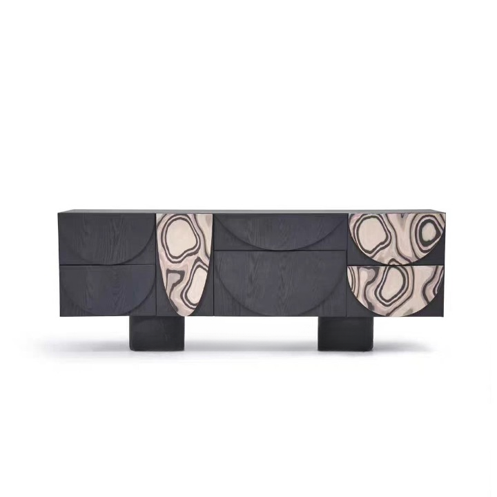 Modern Black Abstract Sideboard Cabinet, 4 Door Geometric Pattern Storage Console, Long Entryway Cabinet for Living Room, Dining Room, Hallway, Hotel Lobby
