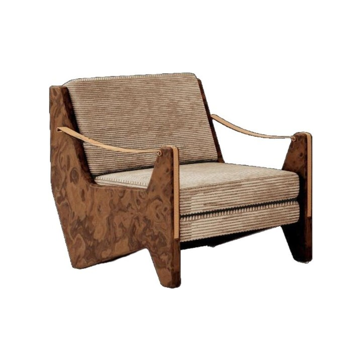 Vintage Burl Wood Accent Chair, Upholstered Single Sofa Chair with Striped Fabric Seat and Sculptural Wood Arms, Mid Century Lounge Armchair for Living Room, Office, Reception Area, Reading Nook and Hotel
