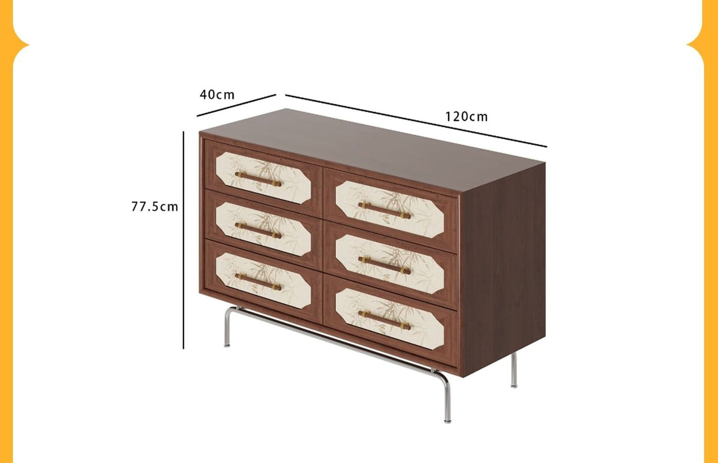 Mid-Century American Bamboo Leaf Pattern Solid Wood Dresser – 6-Drawer Storage Cabinet with Hairpin Legs, Artistic Botanical Design for Living Room and Bedroom