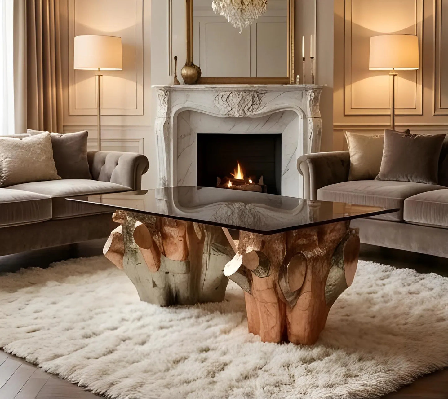 Luxury Teak Root Coffee Table | German Silver & Copper Clad Finish | High-Gloss Italian PU Polished Center Table