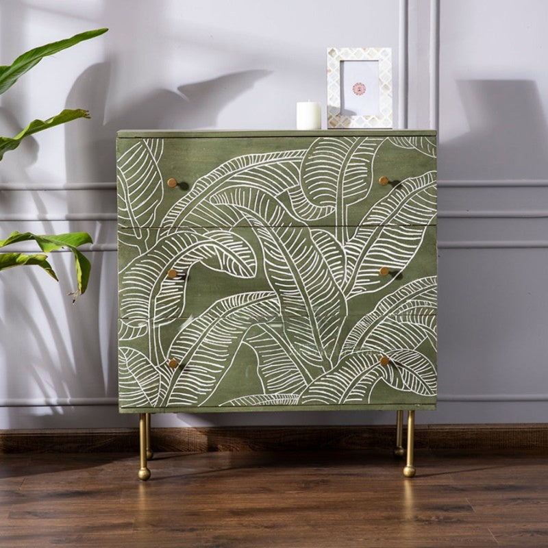 Green Leaf Pattern 6 Drawer Dresser, Solid Wood Accent Chest with Gold Tone Legs, French Country Storage Cabinet for Bedroom, Entryway, Living Room