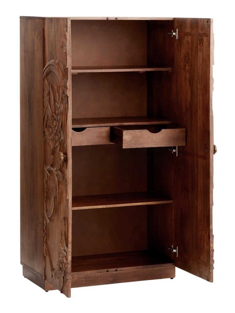 Carved Floral Wardrobe Cabinet with 2 Doors, Shelves and 2 Drawers
