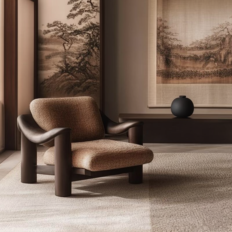 Mid Century Wood Accent Chair with Brown Upholstered Seat and Back, Solid Wood Lounge Armchair for Living Room, Bedroom, Reading Corner, Office, Reception Area and Modern Home Decor
