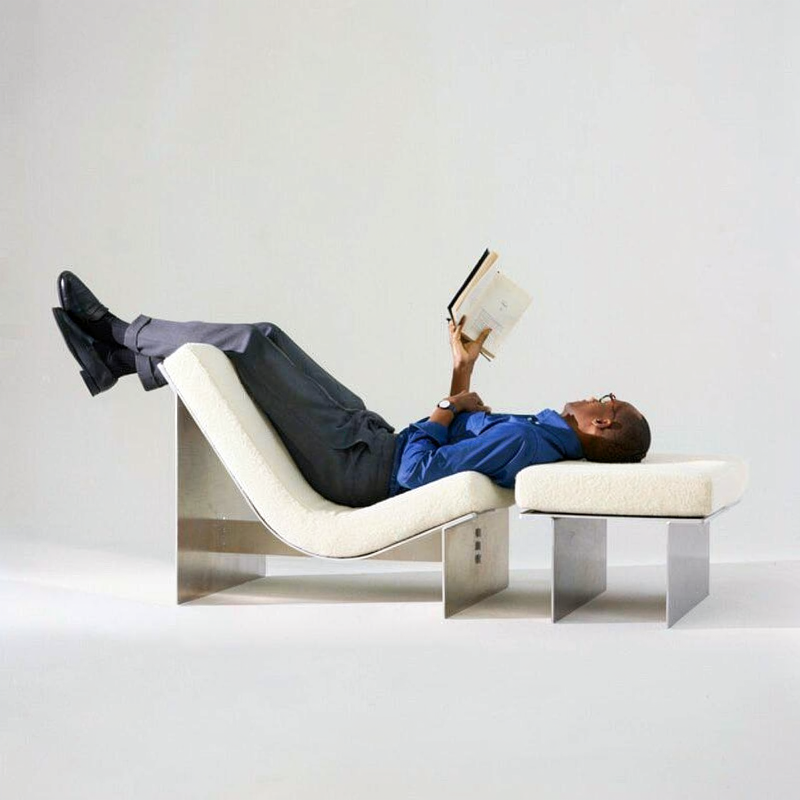 White Upholstered Chaise Lounge Chair with Brushed Metal Frame, Modern Minimalist Recliner Chair for Living Room, Bedroom, Balcony, Reading Corner, Office and Contemporary Home Decor