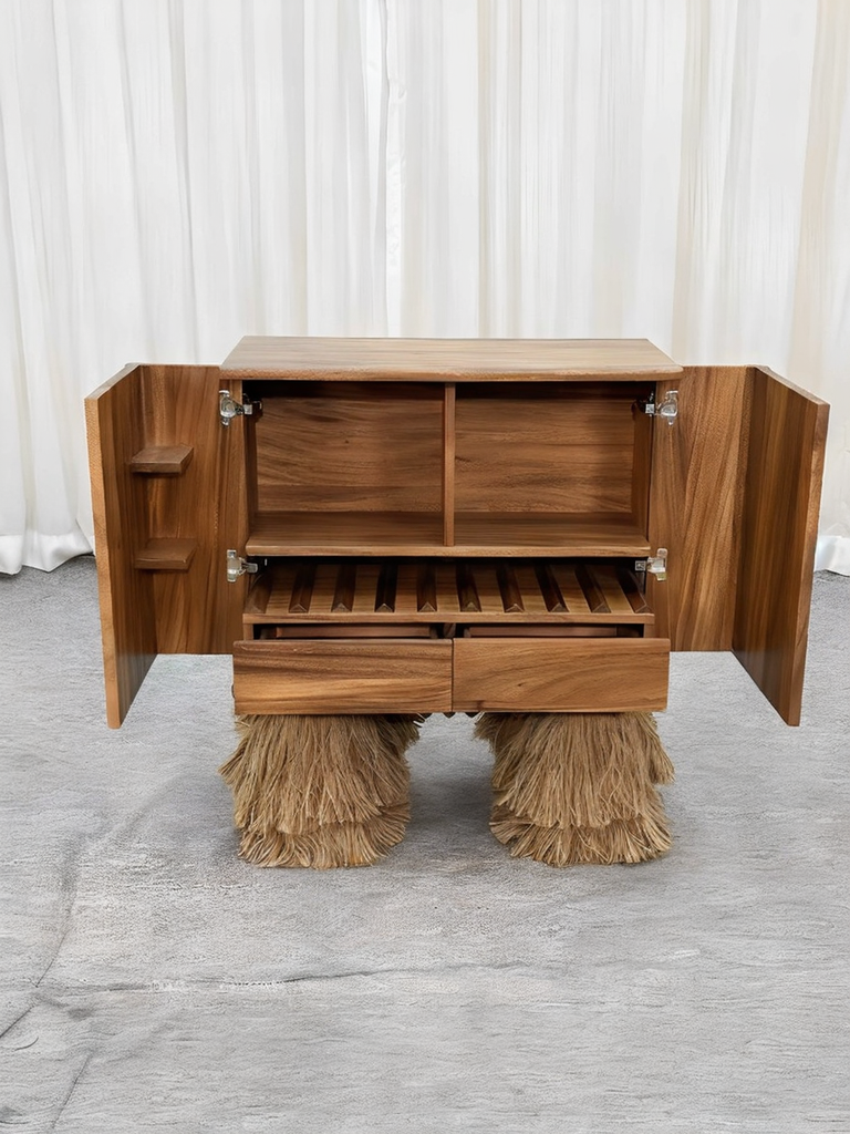 Mid-Century Teak Bar Cabinet with Cane Webbing – Natural Fiber Tassel Legs Storage Sideboard, Wine Console with Built-in Rack