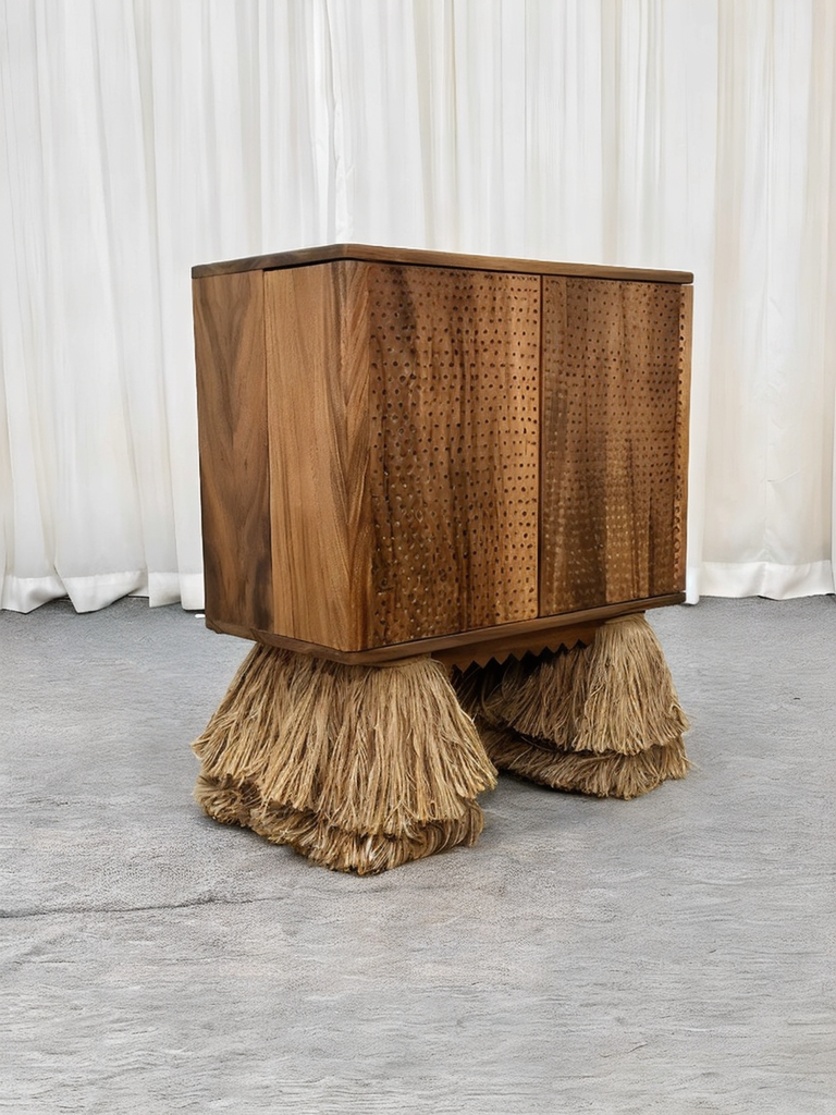 Mid-Century Teak Bar Cabinet with Cane Webbing – Natural Fiber Tassel Legs Storage Sideboard, Wine Console with Built-in Rack