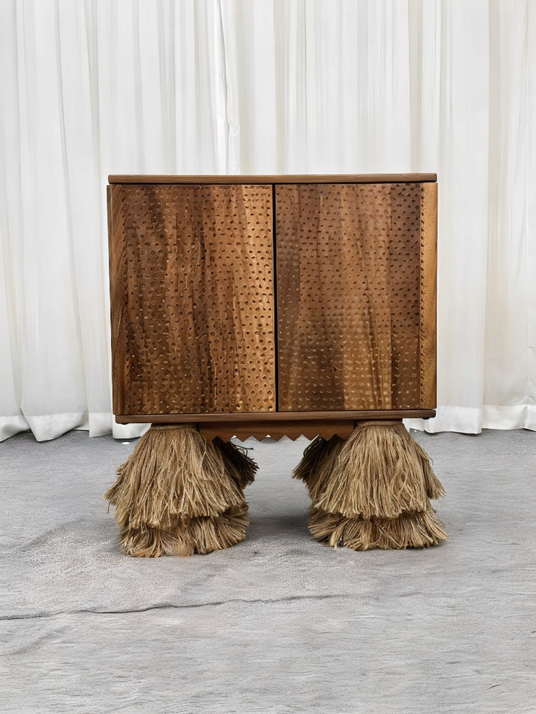 Mid-Century Teak Bar Cabinet with Cane Webbing – Natural Fiber Tassel Legs Storage Sideboard, Wine Console with Built-in Rack