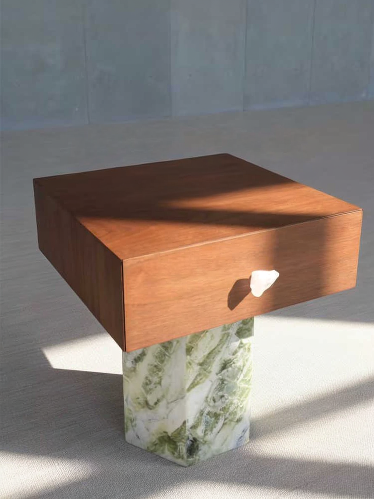 Mid-Century Natural Marble Base Nightstand – Walnut Wood Drawer with Green Travertine Pedestal, Sculptural Designer Bedside Table with Heart Handle