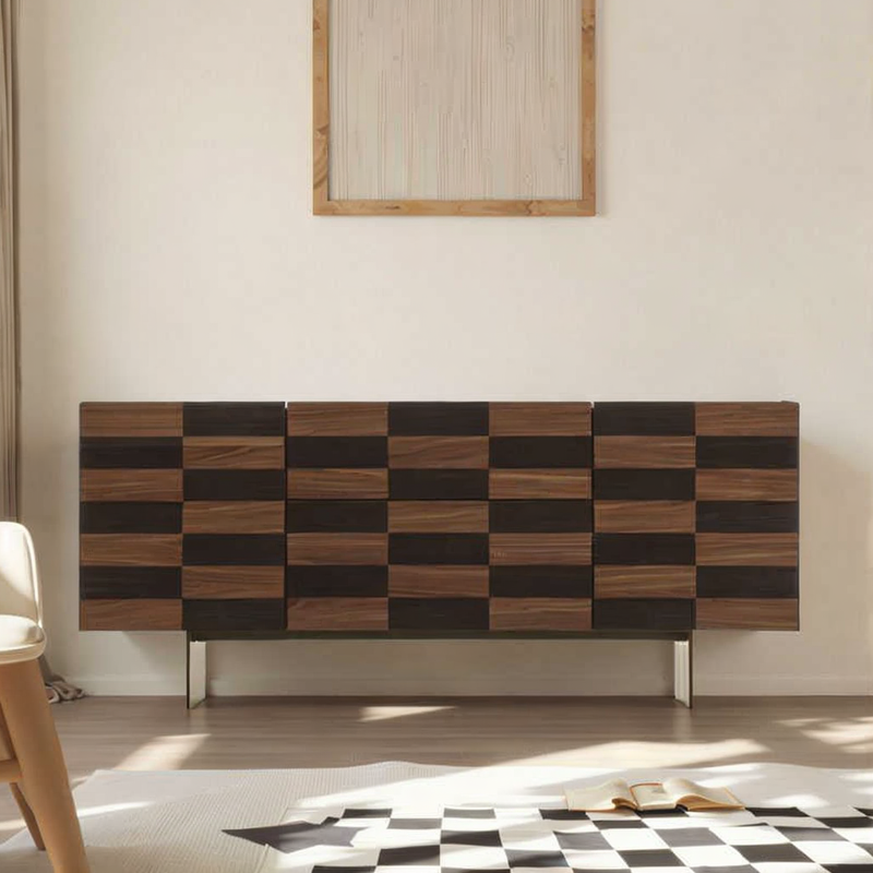 Retro Mid-Century Creative Checkerboard Sideboard Cabinet, Vintage Small Space Storage Buffet for Living Room Entryway