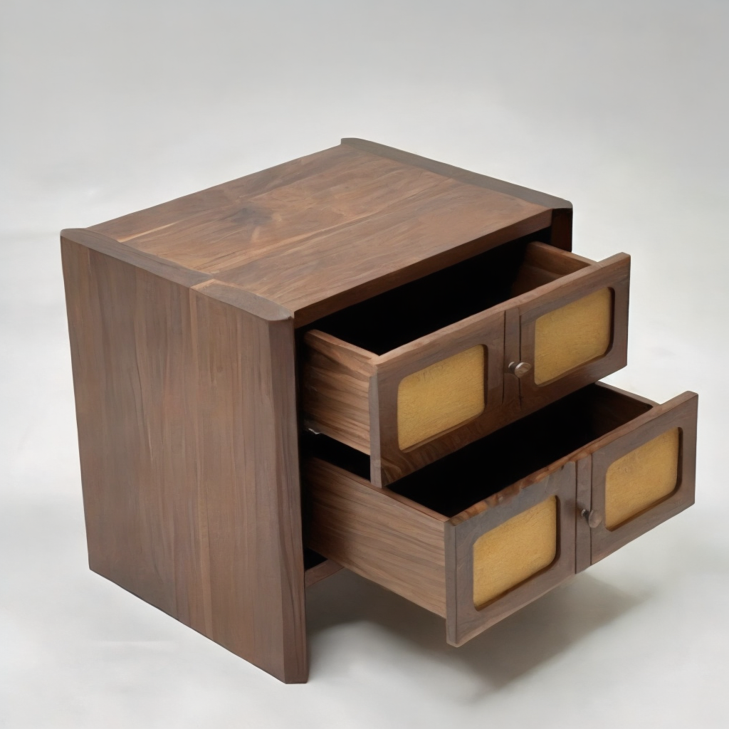 Designer Rattan & Solid Wood Bedside Cabinet, Minimalist Vintage Nightstand for Bedroom, Storage Table – Pre-Assembled