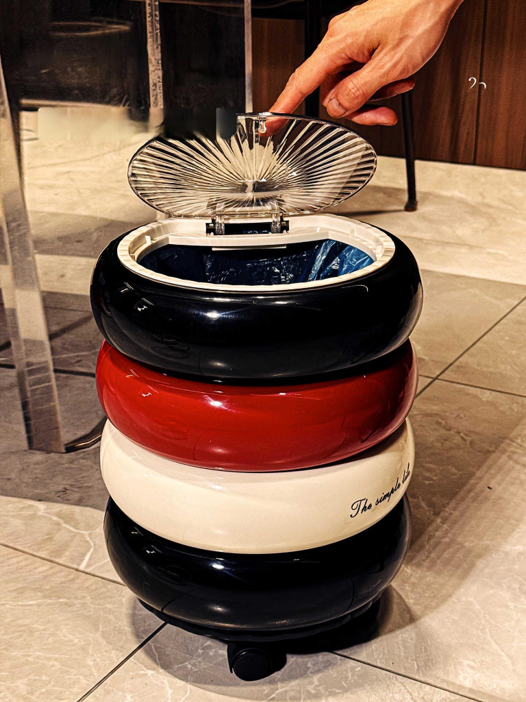 Retro Luxury Rolling Trash Can with Lid, Multi-Color Stacking Waste Bin for Living Room, Kitchen, Bathroom, Bedroom, or Office