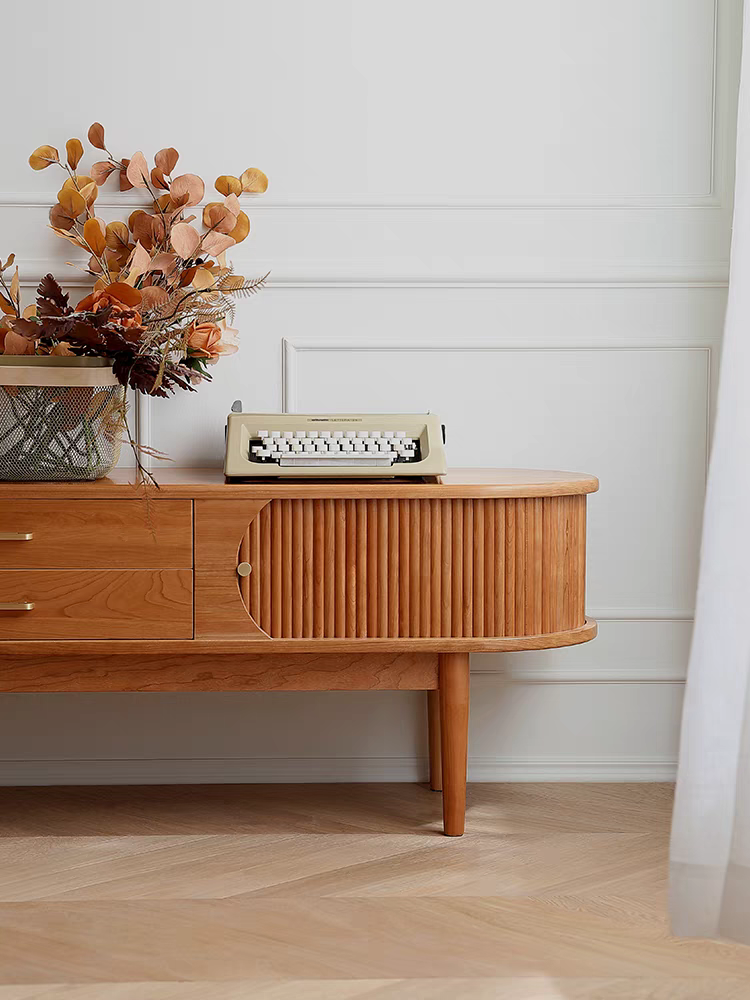 Accordion TV stand cabinet natural wood finish storage cabinet