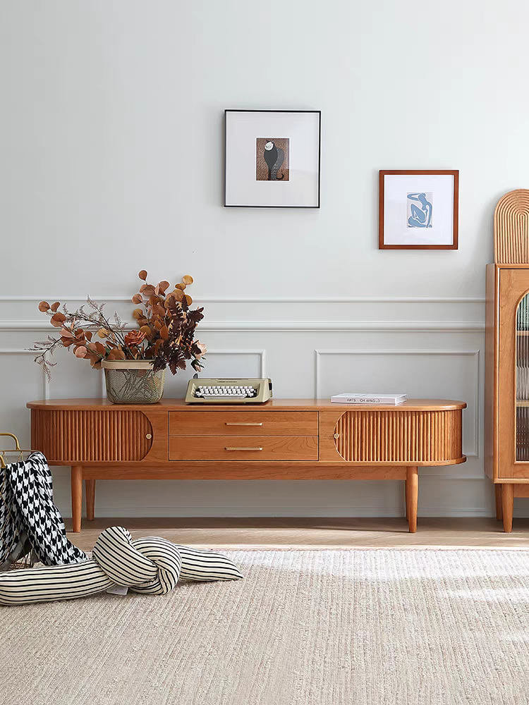 Accordion TV stand cabinet natural wood finish storage cabinet