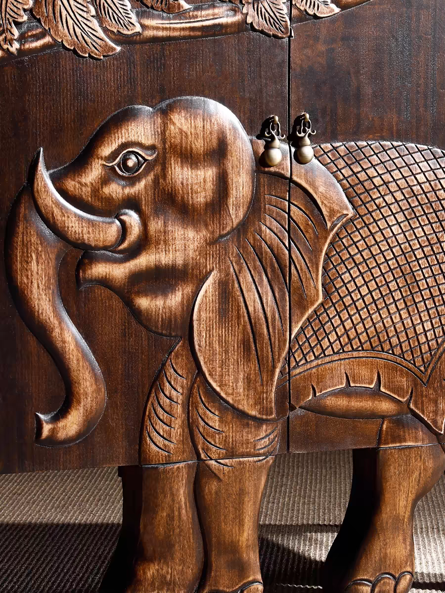 Elephant under the Tree, handcarved natural scenery solid wood storage cabinet sideboard Buffett cabinet