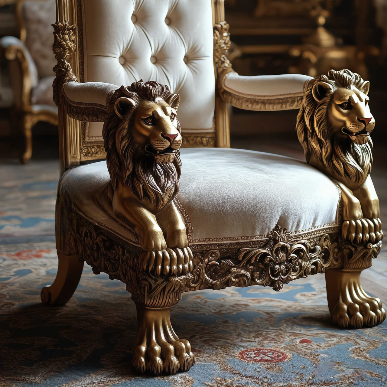 Lion Throne Accent Chair – Hand-Carved Luxury Armchair with Tufted Back for Living Room, Office, or Reception