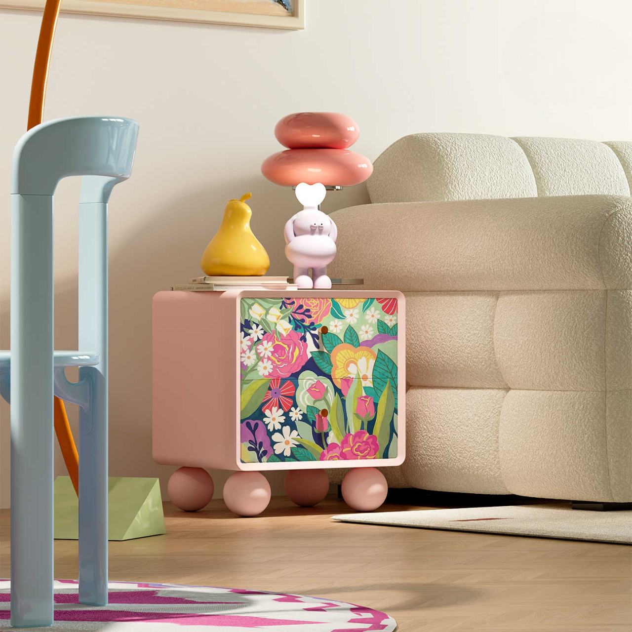 Colorful Floral Wood Nightstand, Modern Small Space Storage Cabinet, Dopamine-Inspired Drawer Accent for Bedroom & Apartmen