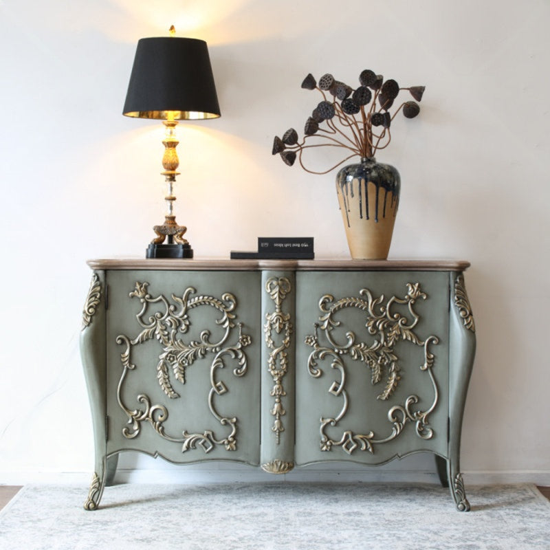 French Country Carved Sideboard Cabinet, Gray Green Wood Buffet Storage Console with Gold Accent Detailing, Vintage Entryway Cabinet for Living Room Dining Room Hallway