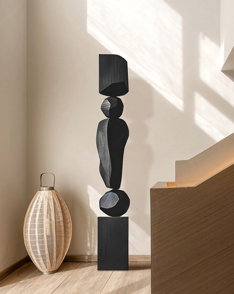 Large Abstract Black Wood Sculpture, Modern Artistic Floor Decoration for Hotel Lobby, Luxury Home, Gallery, Reception, or Staircase