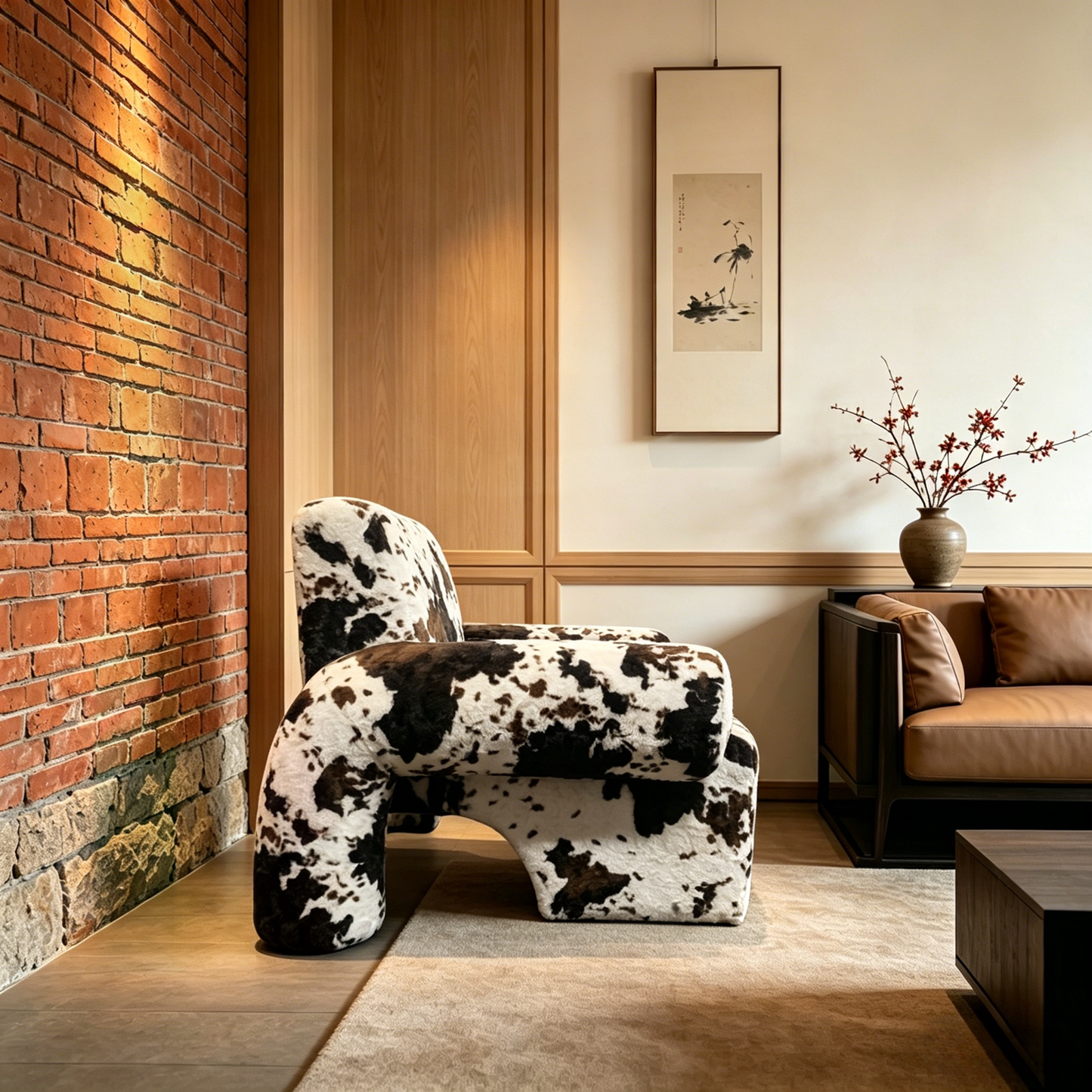 Cow Print Upholstered Accent Chair, Brown Plush Lounge Armchair