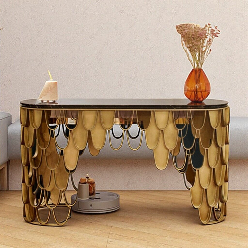 Black Marble Top Console Table with Gold Fish Scale Metal Base