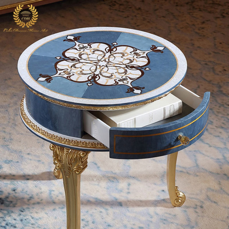 Luxury Round End Table with Drawer, Decorative Wood Sofa Table with Gold Carved Legs for Living Room Bedroom Lounge