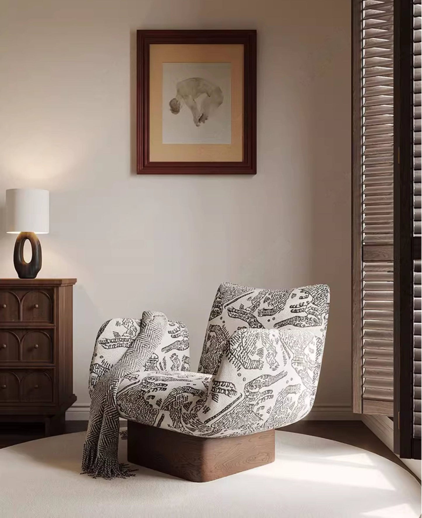 Vintage Wabi-Sabi Accent Lounge Chair, Tiger Pattern Jacquard Upholstered Single Sofa Chair, Solid Wood Designer Armchair for Living Room, Reception Area and Lounge