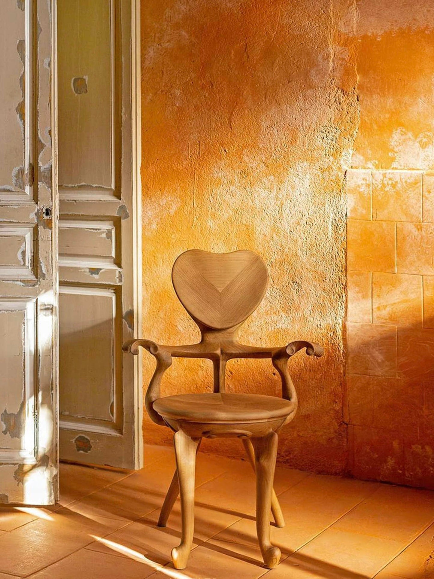 Artisan Heart Back Walnut Accent Chair – Artistic Solid Wood Designer Armchair, Retro Gaudi Style Modern Lounge Seating