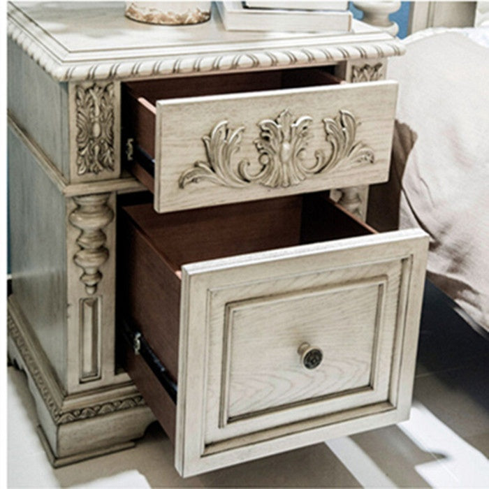 Antique Ivory Oak Nightstand with Hand-Carved Drawer and Cabinet Door, Rustic French Country Bedside Table, Solid Wood Storage Cabinet for Bedroom & Living Room