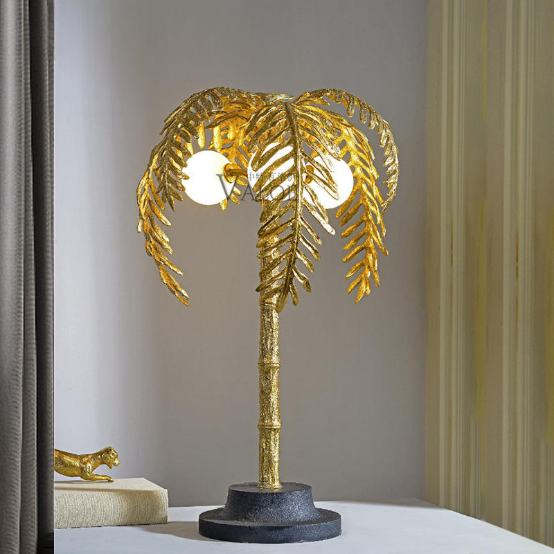 Vintage Brass Palm Tree Table Lamp, Creative Noble Design with 3 LED Bulbs, Antique Desk Light for Home or Living Room