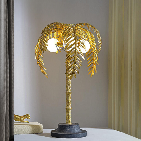Vintage Brass Palm Tree Table Lamp, Creative Noble Design with 3 LED Bulbs, Antique Desk Light for Home or Living Room