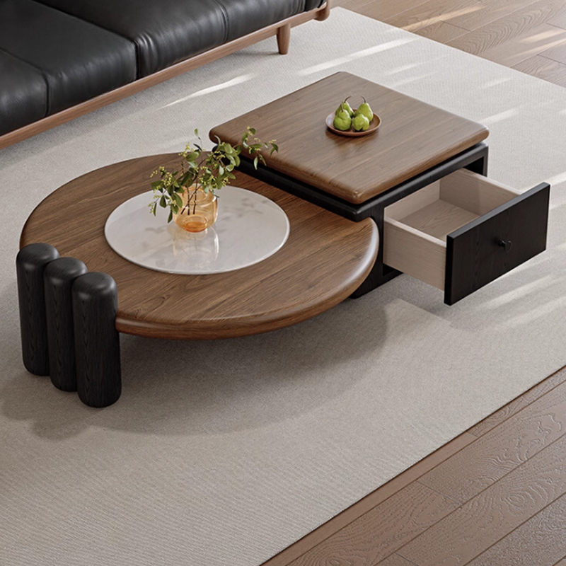 Modern Minimalist Walnut Wood Coffee Table Set, Square and Round Designer Center Table for Living Room