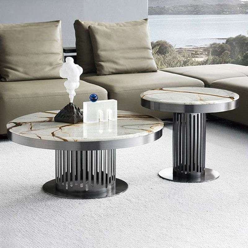 Minimalist Marble Top Round Coffee Table Set, Modern Metal Living Room Furniture for Small Spaces