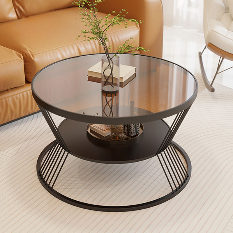 Modern Tempered Glass Round Coffee Table, Carbon Steel Small Living Room Center Table with Storage Shelf