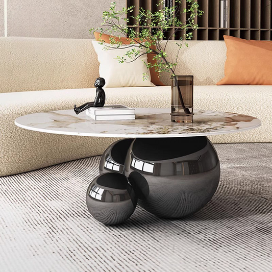Light Luxury Sintered Stone Round Coffee Table, Creative Designer Orb Stainless Steel Base Center Table