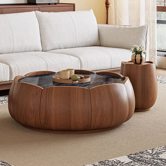 Light Luxury Marble Coffee Table Set, Modern Minimalist Designer Solid Wood Petal Shape Tea Table for Living Room